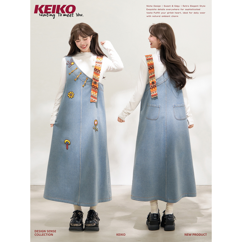Keiko Retro Denim One-Shoulder Denim Suspender Dress Autum Design with Stereo Flower Embroider Straight Dress