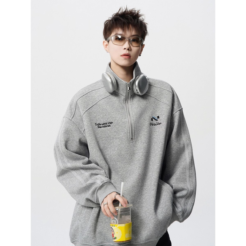 American-Style Half-Zip Embroidered Sweatshirt Polo Shirt for Men, Autumn Trendy Brand Design, High Street Stand Collar, Vintage Loose Long Sleeves