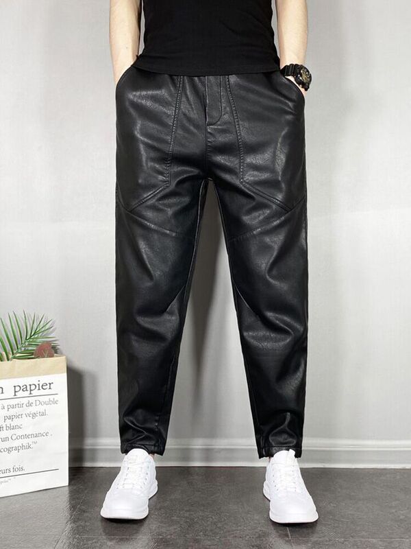 Windproof Leather Pants for Men 2026 New Style Fleece-Lined Thickened Autumn and Winter Motorcycle Riding Pants Warm Leather Pants Black