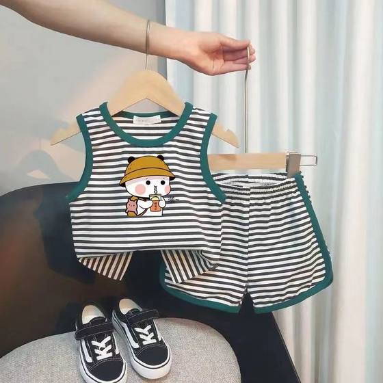 Children's casual vest set 2023 baby striped print boys summer cartoon sleeveless shorts two-piece set trendy