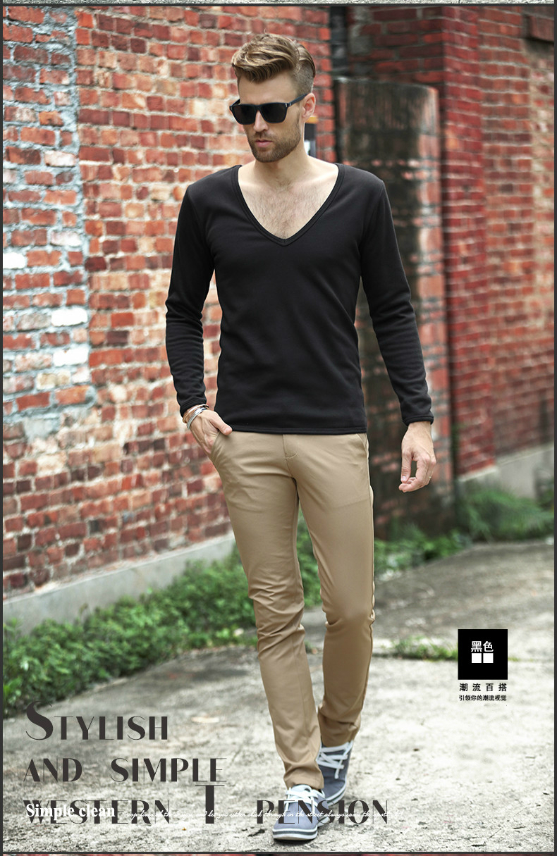 Châu Âu và Hoa Kỳ thương hiệu thủy triều mùa thu và mùa đông nam sâu cổ chữ V dài tay áo thun cổ chữ V cotton đơn giản chạm đáy áo sơ mi cổ thấp gợi cảm áo thun ba lỗ