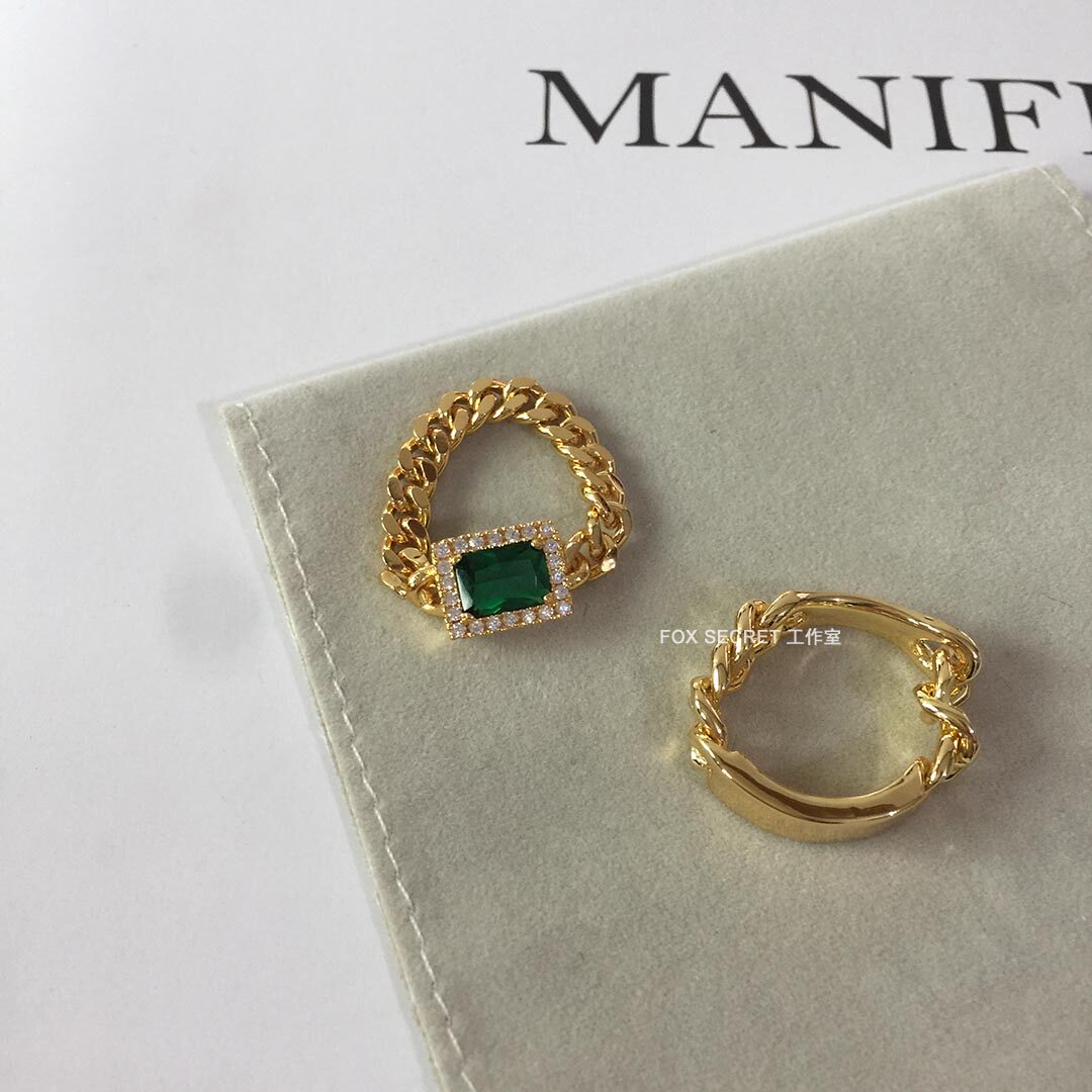Retro square emerald chain 18K gold-plated ring simple high-end exquisite stacking index finger ring chic Hong Kong style