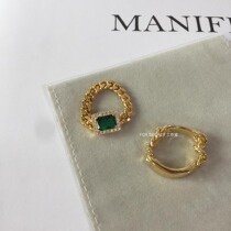 Vintage Square Green Gem Chain 18K Gold Plated Ring Brief Advanced Refinement Fold Index Finger Ring Chic Harbor Wind