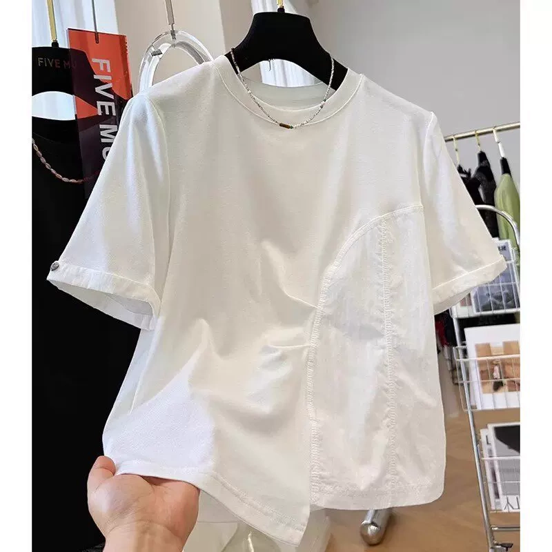 Summer New Fashion Design Pleated Round Neck Short-Sleeved Shirt Tops for Women, Versatile Loose-Fitting Slimming Niche Tops