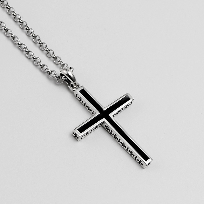 Pure Silver Cross Necklace Men Black Tide Boy Pendant Personality Lettering Boyfriend Fashion Gift 1972