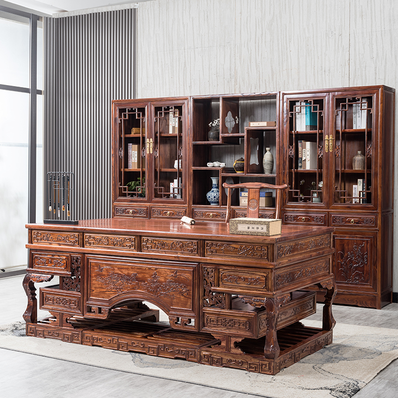 All Solid Wood Office Desk and Chair Set, Boss Desk, New Chinese-Style Imitation Mahogany Writing Desk, Computer Desk, Home Study Desk