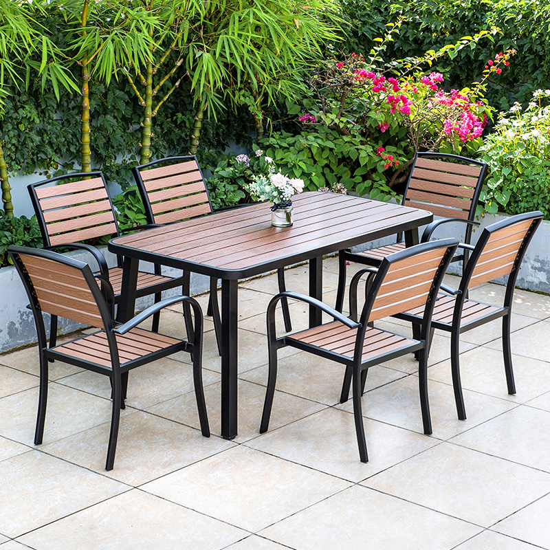 Outdoor Plastic Wood Table And Chairs Patio Anti-Corrosive Wood Outdoor Waterproof Sunscreen Three Sets Casual Open-air Terrace Garden Table