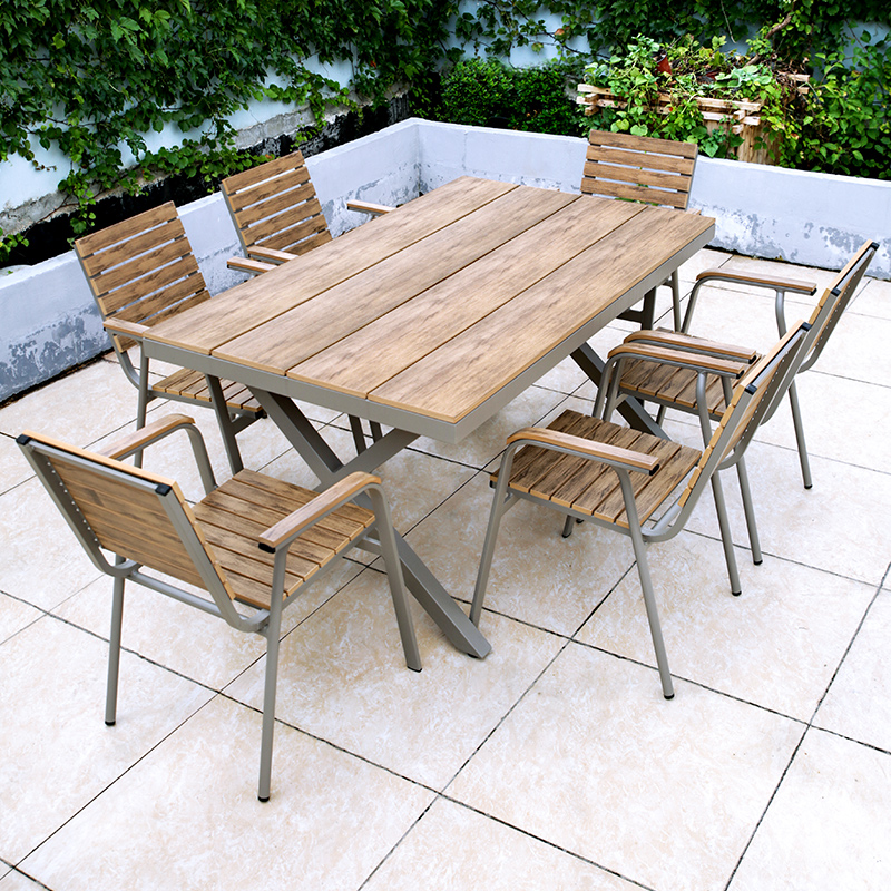 Outdoor Plastic Wood Table And Chairs Embalming Wood Cafe Outdoor Waterproof Sunscreen Open-air Patio Balcony Casual Table And Chairs Combination