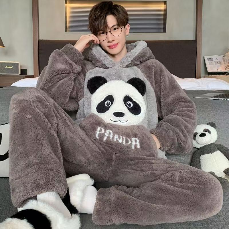 Men's Pajamas Winter Thickened Coral Velvet Youth Cartoon Large Size Winter Flannel Home Wear Set Autumn and Winter Style