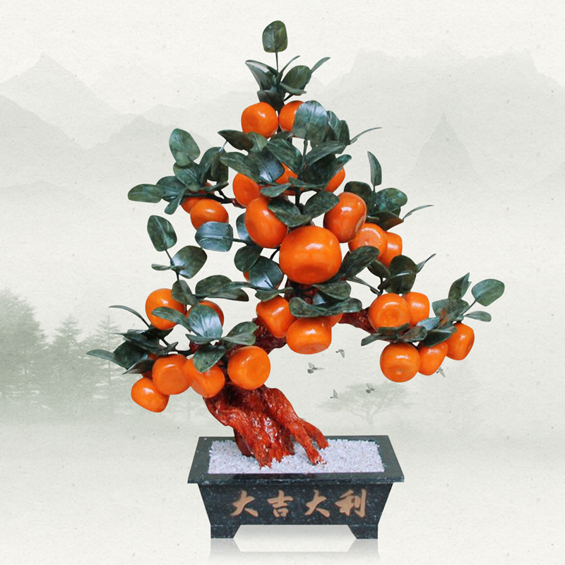 Natural jade engraved orange tree living room Chinese tea table flower shelf Chinese ancient wind jade tomatoes Handicraft Pendulum