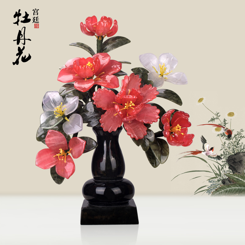 Natural jade panjing peony flower living room home jewelry wine cabinet Chinese creative desktop crafts jade carving ornaments