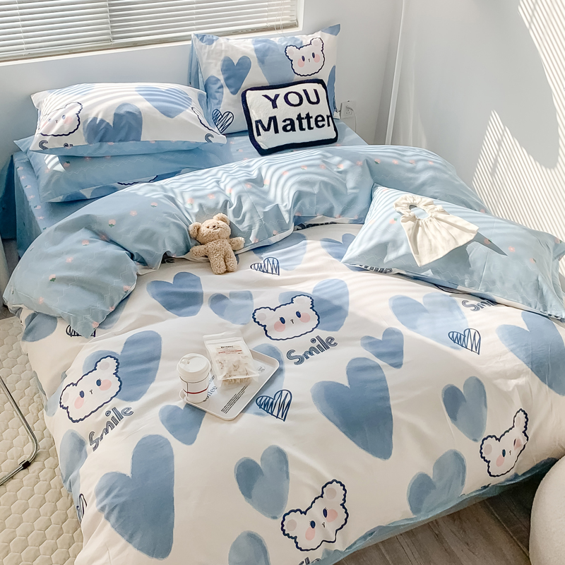 Light luxury pure cotton bed four-piece set children's cotton small fresh quilt cover high-end sense three-piece set cute bed sheet fitted sheet