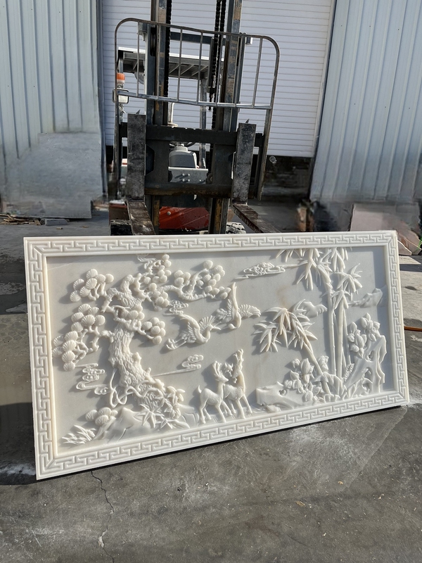 White Marble Relief Wall Art Featuring Welcoming Pine Trees, Marble Decorative Courtyard Screen, Entrance Wall, Foyer, and a Wall Screen with the Motif of "Flowers Bloom, Wealth Abounds."