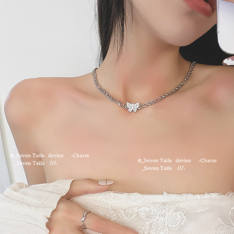 Butterfly Flash Diamond Necklace Women's Summer Niche Advanced Design Net Red Necklace Simple Clavicle Chain Temperament Accessories