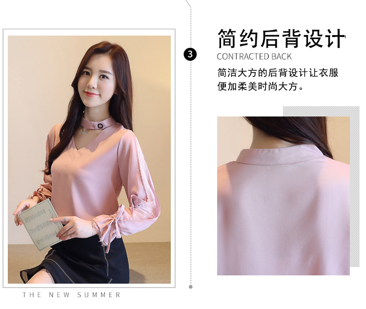 Áo cổ lọ cổ chữ V nữ dài tay mùa xuân mới ren khâu tay áo voan áo sơ mi voan nhẹ nhàng áo sơ mi kiểu đẹp