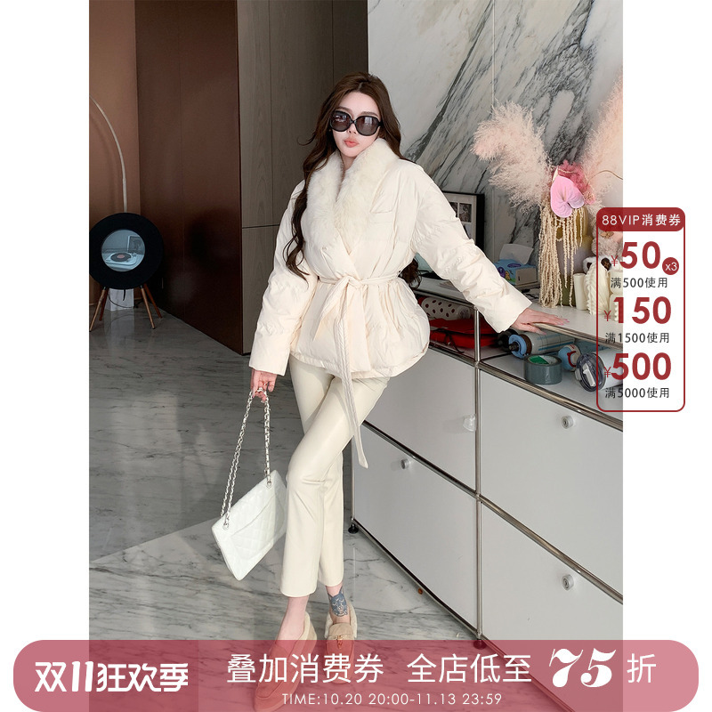 Yuan Yuan [Milkshake Proportion Leather Pants] White Fleece-Lined Casual Pants for Women, Slim-Fit Straight-Leg Pants, Slimming Cropped Leather Pants