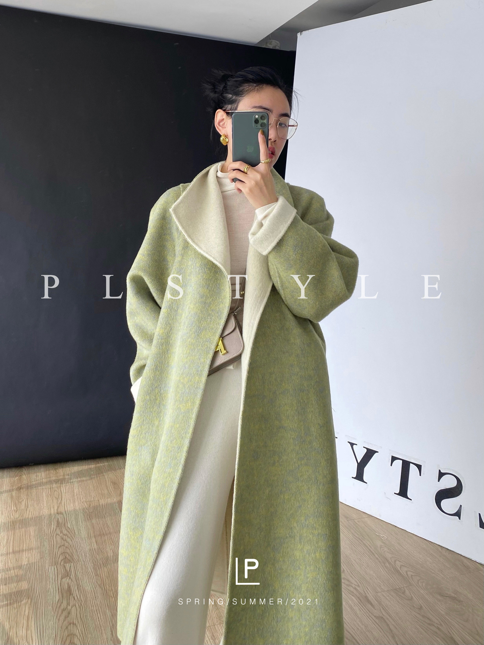 PL customized double - sided cashmere coat girl 2022 autumn and winter high - end medium - long knee - temperament wool coat