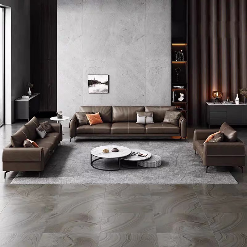 Italian style modern office area sofa coffee table combination genuine leather commercial meeting guest reception simple 3-person latex sofa