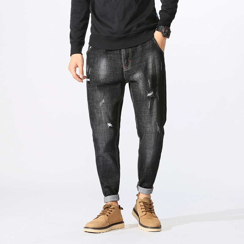 哈伦裤男秋季日系潮流弹力牛仔裤胖人加大码宽松小脚裤青年长裤子