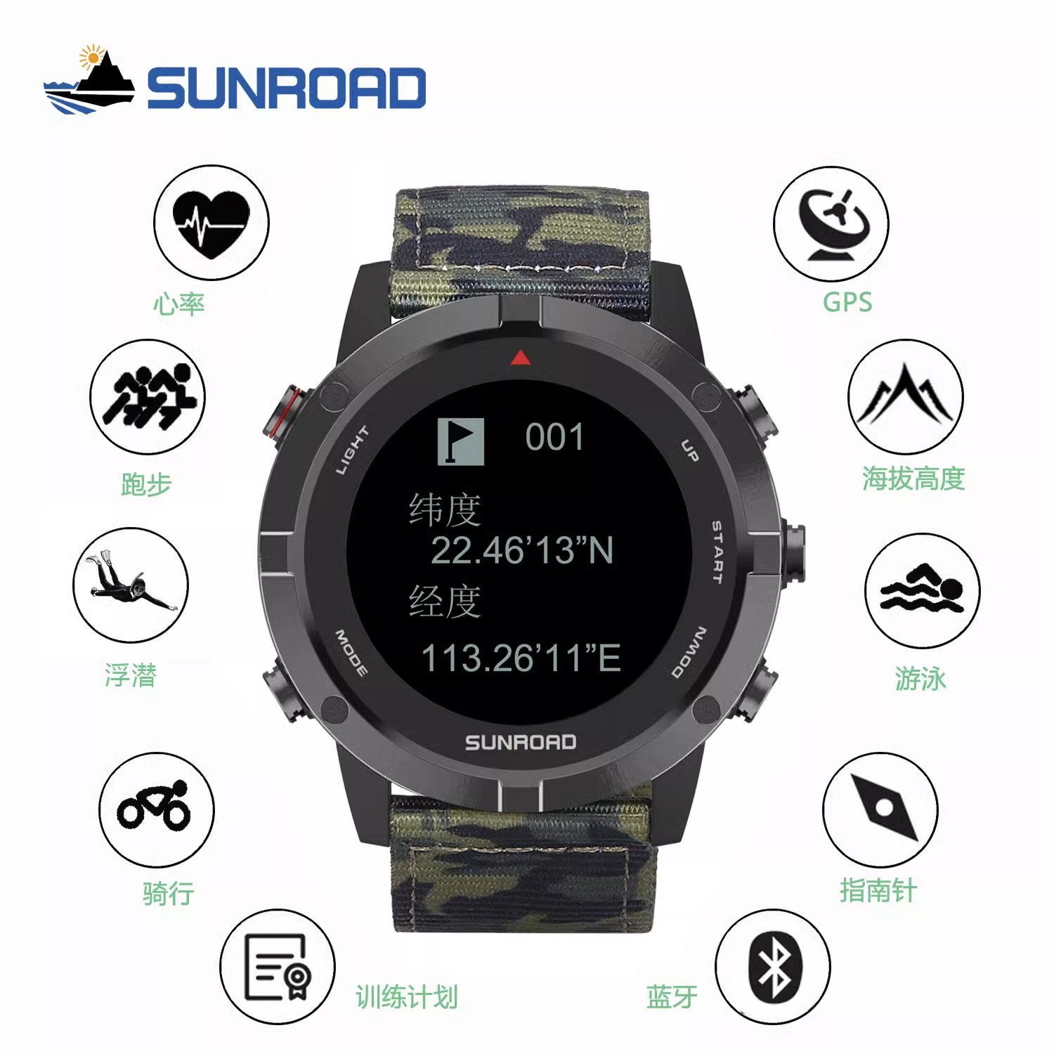 SUNROAD Beidou GPS sports watch running swimming riding altitude pressure compass waterproof mountaineering wrist watch-Taobao