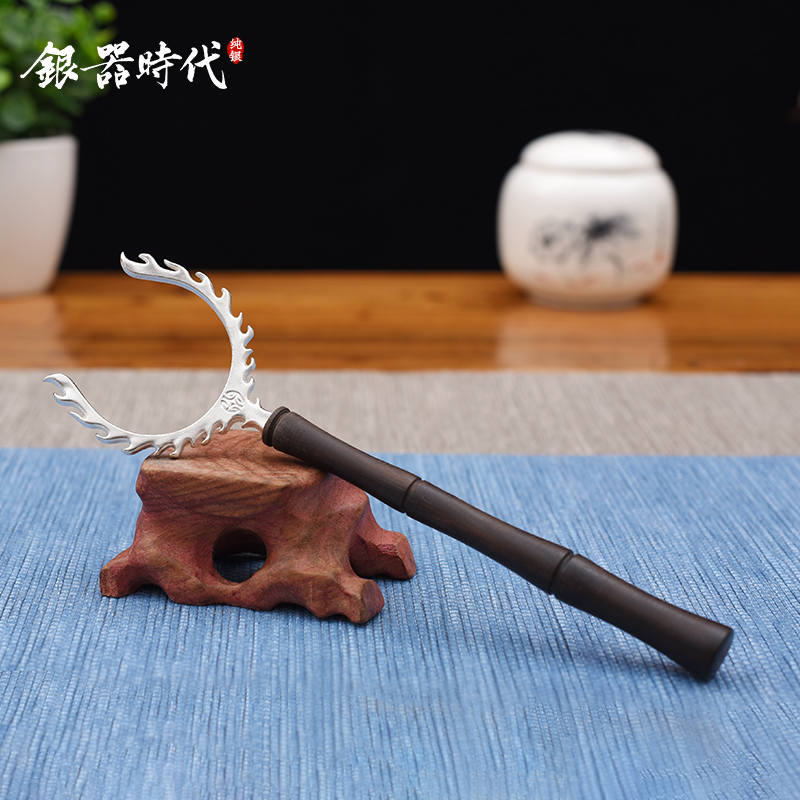 Silver Instrumental Era Pure Handmade Tea Dao Pure Silver Kung Fu Tea With Sandalwood Make Cup Fork Tea Road Accessories Tea Fork Cup Fork