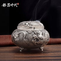 Silver Age Xianglong Chengyun Sterling Silver 999 Incense Burner Pure Handmade Antique Zen Purifying Air Tea Ceremony Incense Smoker