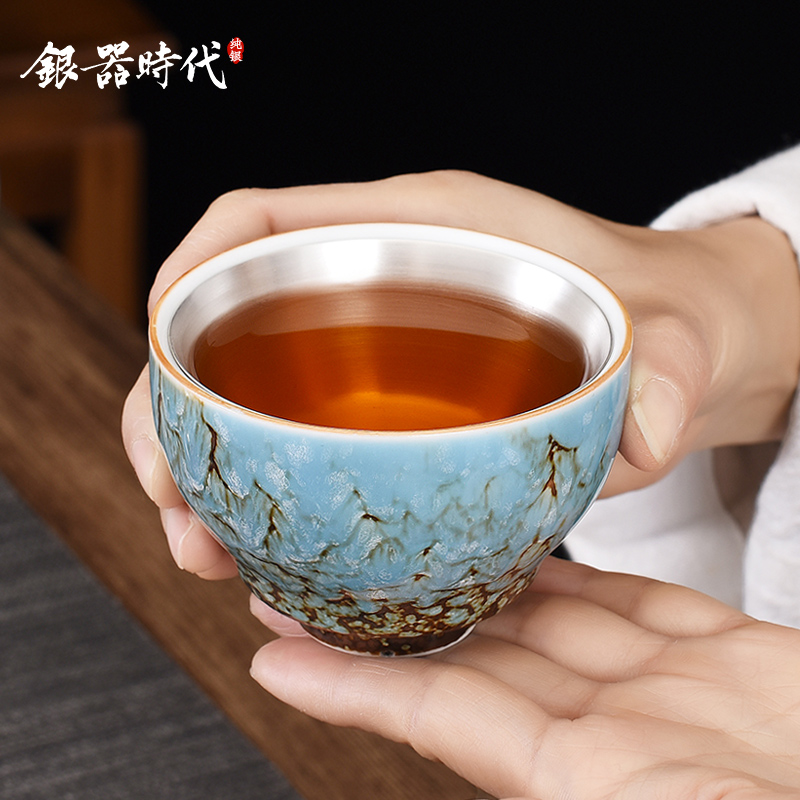 Sterling silver 999 tea cup pure handmade four seasons built porcelain wrapped silver liner master cup tea cup single super large capacity