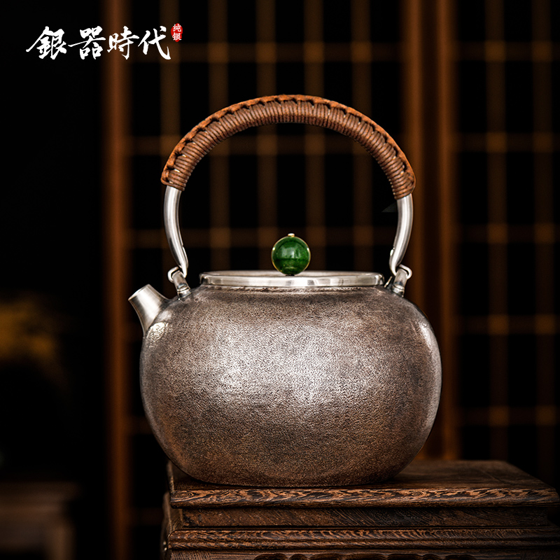 silverware era silver pot pure silver 999 burnt water pot wilderness retro style home Chinese pure handmade silver teapot