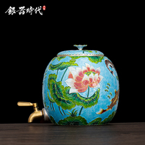 Silver Age Sterling Silver 999 Fish Play Lotus Pond Water Tank Japanese Shippo Yakiso Large Capacity With Faucet Storage Mercury Tank