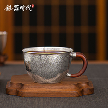 Silver Age Sterling Silver 999 Tasting Tea Cup Sandalwood Handle Large Capacity Master Cup Hospitality Cup Coffee Cup Silver Tea Cup