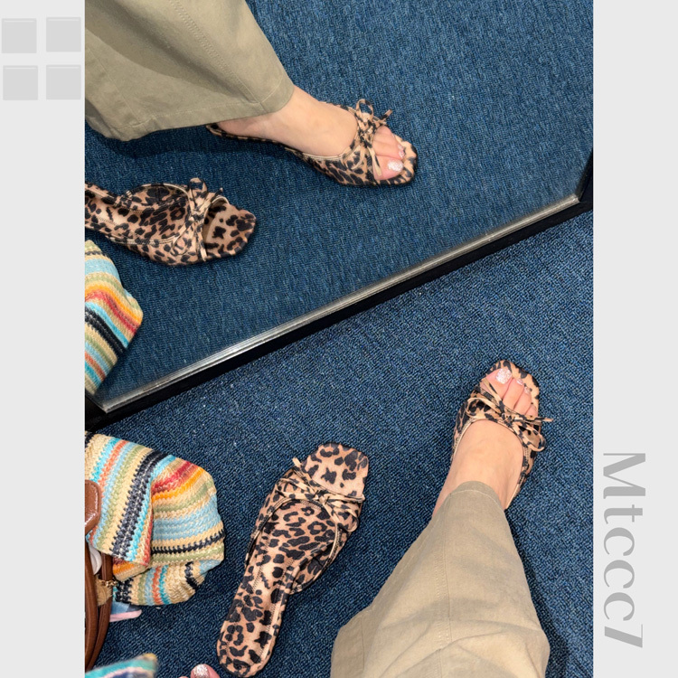 Mtccc7 Zsrz Zhou Shuren's /26 Early Spring Vintage Leopard Print Low Heel Slippers Sweet Royal Style Bow Slippers Mtccc7 Zsrz Zhou Shuren's /26 Early Spring Vintage Leopard Print Low Heel Slippers Sweet Royal Style Bow Slippers