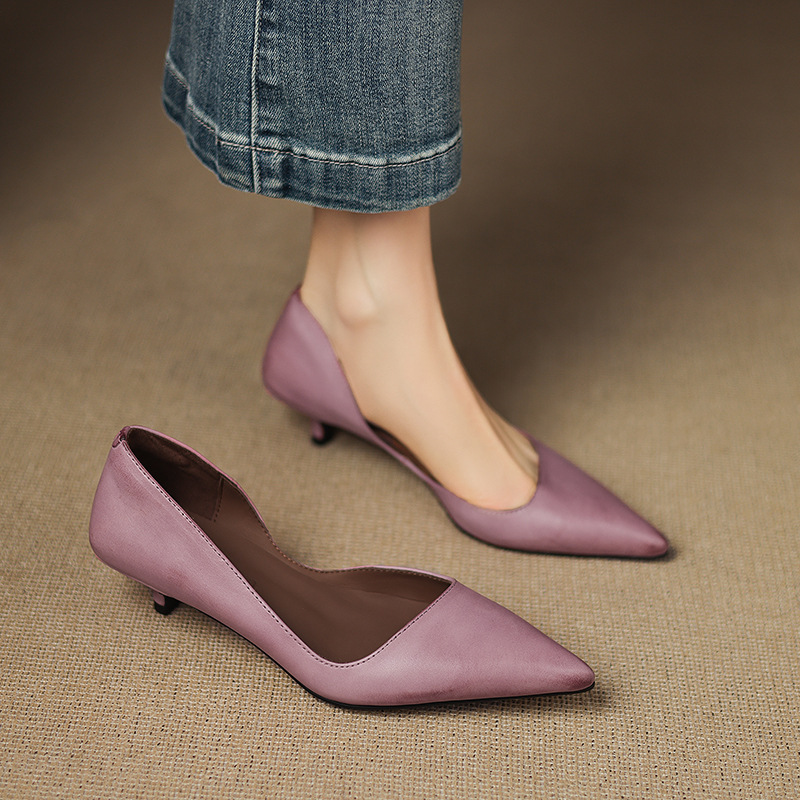 [Italy] Lari Conti ⭐ First-Layer Washed Cowhide Leather 4cm Genuine Leather Pointed Toe Cat Heel Women's Shoes with Thin Heels