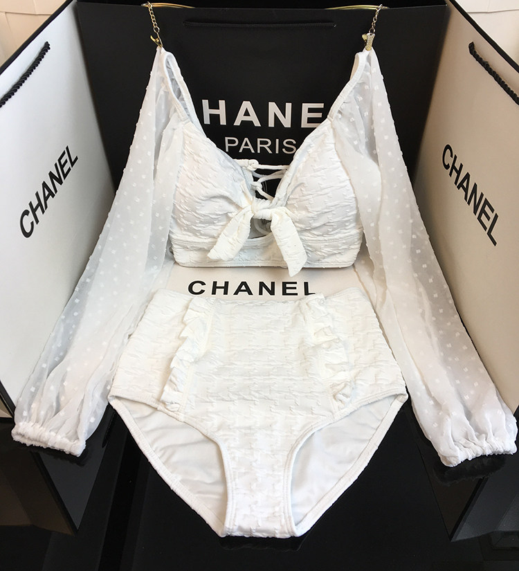Idol New Store Swimsuit Women's White Lace Puff Sleeves Ins High Waist Slim Two-piece Small Chest Conservative Hot Spring Swimsuit