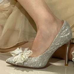 French crystal shoes 2022 spring and autumn new silver wedding shoes rhinestone bow pointed high heels women's thin heel single shoes