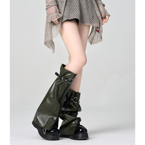 Military green motorcycle style leg covers for millennial hotties y2k subculture dark black leather PU high-grade socks trendy and cool