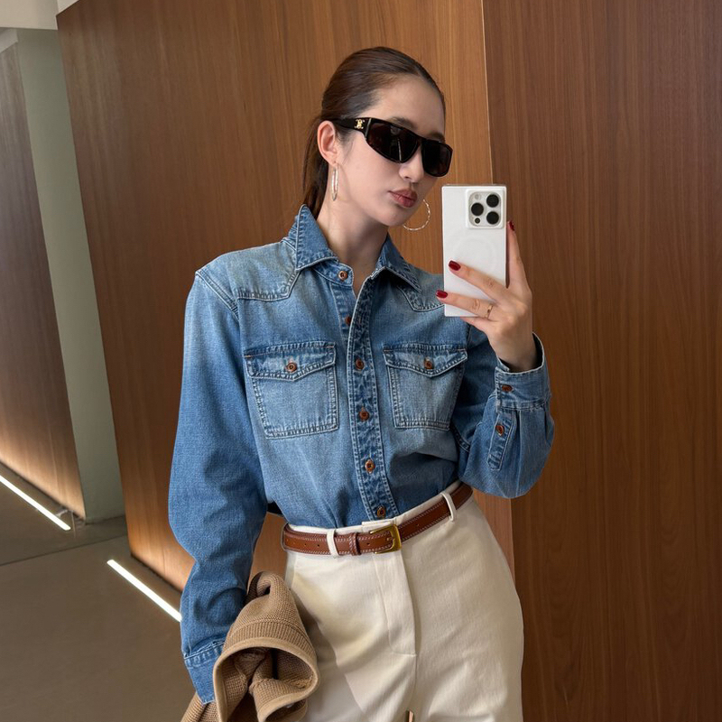 Ouni Hong Kong Style Retro Polo Collar Double Pocket Washed Denim Shirt Autumn Women's Casual Versatile Jacket Top