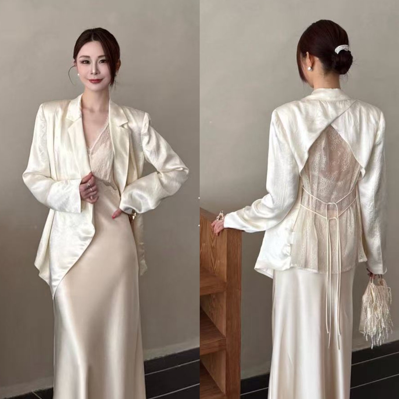 Magee French-Style Vintage Satin Jacquard Lace Patchwork Backless Shirt for Women, Spring Season, Elegant Thin Blazer Top