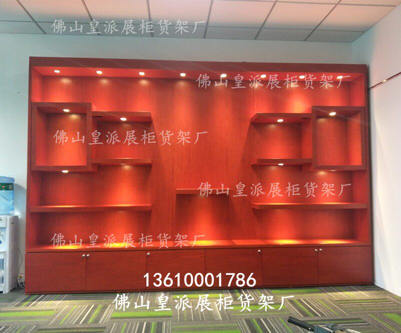 Beauty salon cosmetics shelf technology model wine cabinet imitation solid wood display counter company certificate of honor background wall