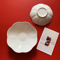 Hua worms with a chapter (Song-style melon Ridge plate) 2 deep plates 6-7 inches pure white colorful lead-free bone porcelain lace