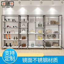 Mirror stainless steel wall shoe shop shoe rack bag display shelf black titanium high-grade light luxury rose gold display cabinet