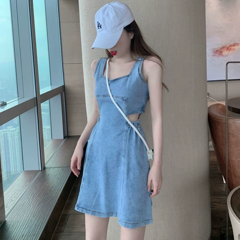 Tính khí Hàn Quốc Mỏng eo cao Vest 2020 Summer New Hollow Show Eo Váy Denim thận trọng gợi cảm - Váy eo cao