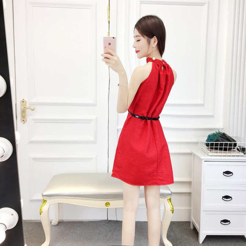 18 nữ mùa hè tường treo váy váy không tay khí quây lỏng một từ Hàn Quốc vest đầm với vành đai các kiểu váy đầm chữ a