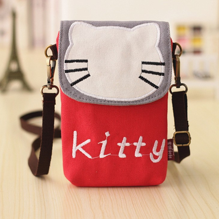 Vertical 6-inch large screen mobile phone bag girl cartoon canvas hand carry messenger dual-use cute mini coin small bag