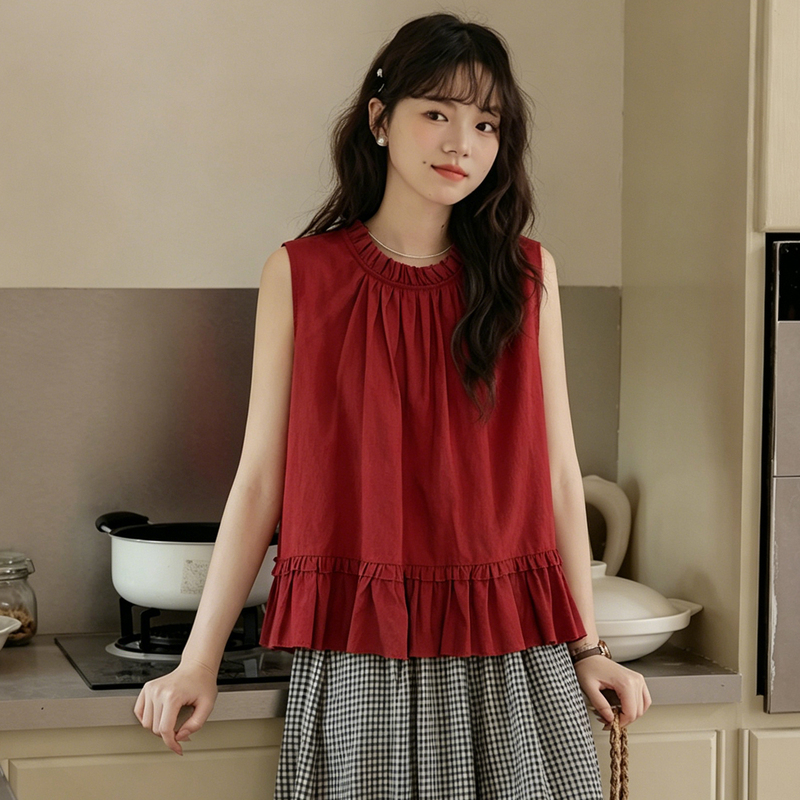 Retro Pullover Red Sleeveless Shirt for Women 2026 Summer New Style Ruffled Loose Slimming Vest Age-Reducing Top