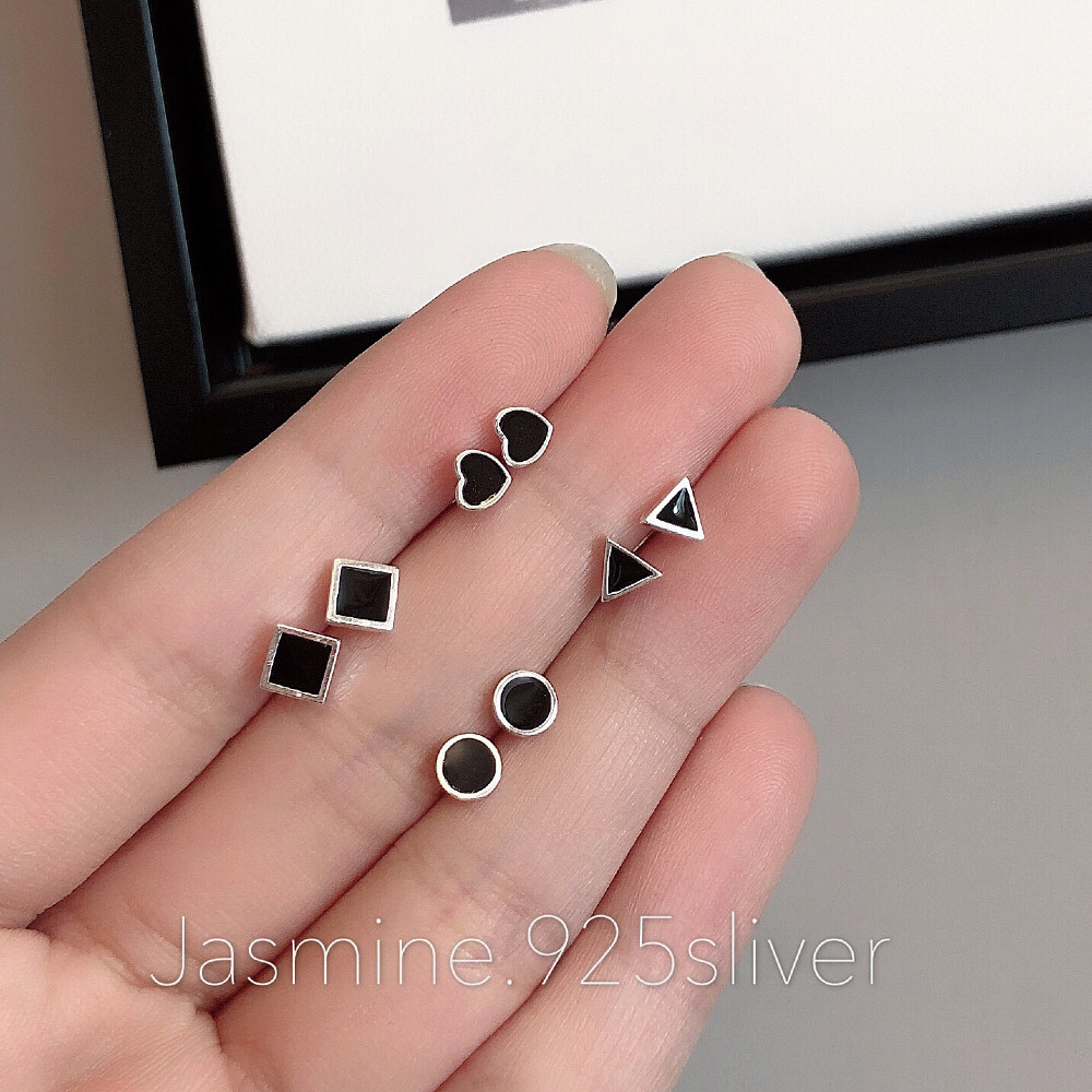 S925 sterling silver Black personality geometric mini ear needle base for men and women square round triangle love ear bone
