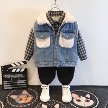 Children plus velvet coat 2021 Winter boys wear baby thick denim sleeveless vest warm jacket tide