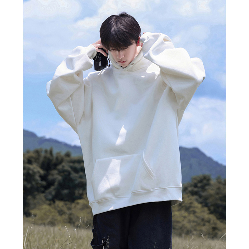 Teenage Students' Loose-Fitting Pure Cotton Hooded Sweatshirt for Boys in Autumn and Winter, Junior High School Boys' Pullover Hoodie with Fleece Lining