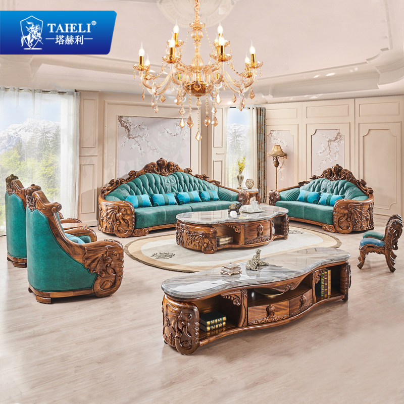 A pint of guiturium bungalow sofa genuine leather solid wood combined headlayer cow leather aubergine luxury villa luxury home furnishings-Taobao