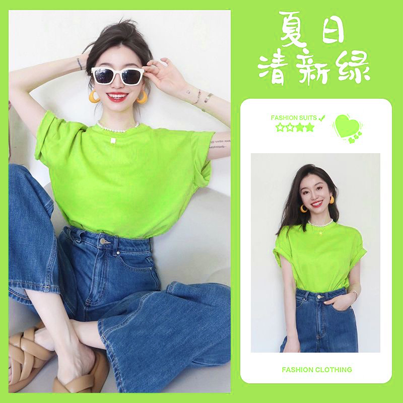 2026 Summer Thin Short-Sleeved Oversize Fluorescent Green Cotton T-Shirt Women's Fashionable and Versatile Candy-Colored Top