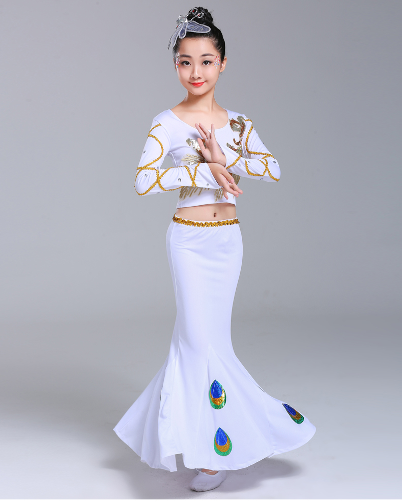 Trang phục khiêu vũ trẻ em Yi mới cho thấy quần áo con công cô gái dài đuôi cá váy trang phục dài tay đồ cho bé trai